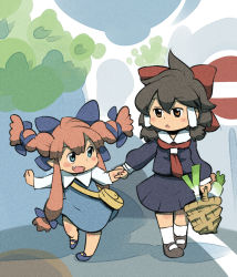 Rule 34 | 2girls, :d, alternate costume, alternate hairstyle, azito7, basket, black hair, blue eyes, bow, brown eyes, child, contemporary, fang, female focus, food, hair bow, hair tubes, hakurei reimu, holding hands, holding, ibuki suika, mary janes, multiple girls, open mouth, pointy ears, school uniform, serafuku, shoes, shopping basket, short hair, smile, spring onion, standing, touhou, twintails, vegetable