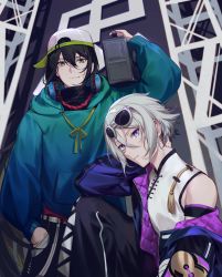 Rule 34 | 2boys, alternate costume, baseball cap, black hair, blue eyes, boombox, chinese clothes, contemporary, csyday, eyewear on head, fate/grand order, fate (series), green eyes, grey hair, hair between eyes, hat, hood, hoodie, long hair, male focus, multiple boys, off shoulder, ponytail, prince of lan ling (fate), sunglasses, yan qing (fate)
