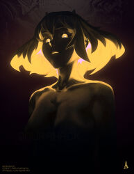 Rule 34 | 1girl, aurahack, blonde hair, breasts, cleavage, colored inner hair, colored sclera, commentary, english commentary, glowing, glowing eyes, glowing hair, highres, horns, large breasts, limited palette, multicolored hair, original, short hair, solo, upper body, watermark, yellow eyes, yellow sclera