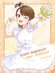 Rule 34 | 1girl, 2023, ;d, absurdres, bouquet, bow, bracelet, brown eyes, brown hair, character name, collarbone, dated, dress, earrings, flower, framed, futami ami, hair bow, happy birthday, highres, holding, holding bouquet, idolmaster, idolmaster (classic), jewelry, looking at viewer, medium dress, nail polish, necklace, one eye closed, one side up, open mouth, outstretched arm, ribbon, shiro (ongrokm), short hair, short sleeves, smile, solo, sparkle, v over eye, white bow, white dress, white flower, white ribbon, yellow flower, yellow gemstone, yellow nails, yellow ribbon