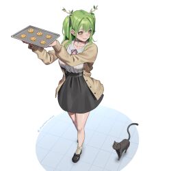 Rule 34 | 1girl, absurdres, antlers, black cat, black choker, cardigan, cat, ceres fauna, ceres fauna (jirai kei), chocolate chip cookie, choker, cookie, food, green hair, high-waist skirt, highres, holding, holding tray, hololive, hololive english, horns, official alternate costume, open cardigan, open clothes, seventeencrows, simple background, skirt, smile, solo, tray, two side up, virtual youtuber, white background, yellow eyes