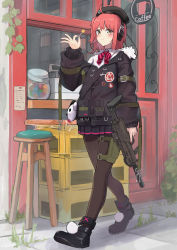 Rule 34 | 1girl, absurdres, blush, commission, food, girls&#039; frontline, gun, h&amp;k mp7, hanabusaraleigh, highres, huge filesize, machine pistol, mp7 (girls&#039; frontline), pantyhose, personal defense weapon, red hair, skeb commission, solo, submachine gun, suppressor, weapon, yellow eyes