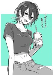 Rule 34 | 1girl, :d, akanashi (bachi ak), artist name, commentary request, cup, disposable cup, earrings, eyelashes, happy, highres, hiyuki (kagurabachi), jewelry, kagurabachi, looking at viewer, midriff, navel, open mouth, shirt, short hair, signature, smile, soda, solo, translation request, twitter username