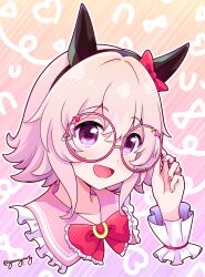 Rule 34 | 1girl, absurdres, adjusting eyewear, animal ears, blush, bow, bowtie, cropped shoulders, curren chan (umamusume), disembodied limb, ear bow, frilled shirt collar, frills, glasses, goom (goomyparty), grey hair, hairband, highres, horse ears, jewelry, multicolored nails, multiple rings, open mouth, purple eyes, red bow, red bowtie, ring, round eyewear, short hair, smile, solo, twitter username, umamusume, wrist cuffs, yume kawaii