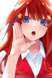 Rule 34 | 1girl, :o, blue eyes, breasts, collared shirt, eyebrows hidden by hair, go-toubun no hanayome, hair ornament, hand up, haruba negi, highres, large breasts, long hair, looking at viewer, nakano itsuki, official art, partially unbuttoned, red hair, red sweater, shirt, short sleeves, sidelocks, simple background, solo, star (symbol), star hair ornament, sweater, sweater vest, tongue, upper body, white background, white shirt