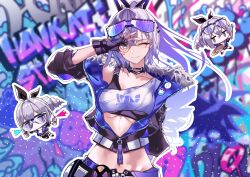 Rule 34 | 1girl, absurdres, belt, breasts, chibi, cropped jacket, fingerless gloves, gloves, grey eyes, grey hair, hand up, high ponytail, highres, honkai: star rail, honkai (series), jacket, large breasts, long hair, long sleeves, medium breasts, midriff, ok sign, ok sign over eye, one eye closed, open clothes, open jacket, partially unzipped, purple hair, sas (ls08b), silver wolf (honkai: star rail), underboob