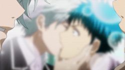 Rule 34 | 10s, 2boys, animated, animated gif, blue hair, blurry, collared shirt, closed eyes, from side, hands on another&#039;s cheeks, hands on another&#039;s face, kiss, lens flare, light rays, lowres, male focus, miyamura toranosuke, multiple boys, shirt, short hair, silver hair, sunlight, surprised, upper body, white shirt, wide-eyed, yamada-kun to 7-nin no majo, yamada ryuu, yaoi