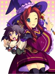 Rule 34 | 1boy, 1girl, :p, ahoge, belt, black hair, blue eyes, blush, cape, chibi, coat, enoo, flipped hair, hat, labyrinthia wordsworth, levin brenton, one eye closed, open mouth, pants, purple eyes, purple skirt, red hair, shoes, short hair, sidelocks, skirt, smile, sparkle, spiked hair, star (symbol), starry background, surprised, sweat, thighhighs, tongue, tongue out, wand, wild arms, wild arms xf, wink, witch hat