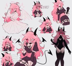 Rule 34 | ..., 1girl, :3, :p, = =, ^ ^, ahoge, alternate costume, angel, angel wings, arm rest, bare shoulders, black gloves, black leotard, blush, breasts, cleavage cutout, closed eyes, clothing cutout, colored skin, commentary, demon girl, demon horns, demon tail, demon wings, dress, english commentary, english text, closed eyes, eyes visible through hair, feathered wings, friday night funkin&#039;, frilled dress, frilled sleeves, frills, garter straps, gloves, habit, hair between eyes, halo, hand on own cheek, hand on own face, heart, heart cutout, highres, holding, holding microphone, horns, juliet sleeves, knees together feet apart, leotard, long hair, long sleeves, medium breasts, meme, microphone, minxinq, multicolored skin, multiple views, no pupils, one eye closed, open mouth, own hands together, pink hair, pink skin, pink theme, puffy short sleeves, puffy sleeves, red eyes, sarvente (friday night funkin&#039;), sash, short sleeves, sidelocks, simple background, sitting, smile, sparkle, sweat, tail, tongue, tongue out, v, very long hair, white background, white dress, white skin, wings