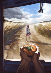 Rule 34 | cloud, cloudy sky, field, food, fruit, holding, holding food, holding fruit, hood, kijin seija, long sleeves, outstretched arms, persimmon, road, scenery, skirt, sky, solo focus, touhou, yamamomo (plank)