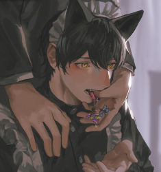 Rule 34 | 1boy, alternate body fluid, animal ears, cat ears, cupping hand, drooling, fangs, finger in another&#039;s mouth, food, frills, fruit, hand on another&#039;s shoulder, heart, highres, ishida (segu ishida), long sleeves, looking away, looking down, maid, maid headdress, male focus, open mouth, orange eyes, original, out of frame, portrait, rocking horse, saliva, short hair, solo focus, star (symbol), strawberry, tearing up, tongue, tongue out, toy