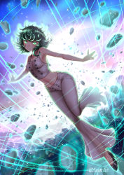 Rule 34 | 1girl, adsouto, armpits, artist name, bell-bottoms, blush, breasts, casual, closed mouth, collarbone, curly hair, floating, full body, glowing, glowing eyes, green eyes, green hair, high heels, highres, midriff, navel, one-punch man, pants, short hair, sleeveless, small breasts, smile, solo, tatsumaki, telekinesis