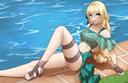 Rule 34 | 1girl, absurdres, arm support, artist name, bare shoulders, blonde hair, braid, braided ponytail, brown gloves, closed mouth, clothing cutout, commentary, commission, english commentary, eyelashes, feet, fire emblem, fire emblem: three houses, gloves, grass, grey eyes, highres, ingrid brandl galatea, ingrid brandl galatea (summer), knee up, leaning back, legs, lips, long hair, long legs, looking at viewer, midriff, navel, nintendo, official alternate costume, outdoors, poolside, sandals, shiny skin, shoulder cutout, sidelocks, sitting, skindentation, solo, thigh strap, thighs, toenails, toes, wet, x xith x