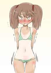 Rule 34 | 1girl, arms behind back, bare shoulders, bikini, blush, brown hair, collarbone, cowboy shot, dark-skinned female, dark skin, embarrassed, female focus, flat chest, flying sweatdrops, gradient background, green bikini, hair tie, have to pee, kantai collection, legs together, looking at viewer, narumiya (narumiya), navel, nose blush, one-piece tan, open mouth, ryuujou (kancolle), shiny skin, simple background, solo, standing, striped bikini, striped clothes, swimsuit, tan, tanline, thigh gap, trembling, twintails, white eyes