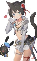 Rule 34 | 1girl, animal ears, aqua eyes, artist name, belt, black hair, blue eyes, blush, breasts, cat ears, cat tail, cleavage, collarbone, cowboy shot, creature, cropped jacket, final fantasy, final fantasy xiv, fingerless gloves, fingernails, gem, gloves, gompang, hair ornament, heart, heterochromia, highres, holding, jewelry, korean commentary, long sleeves, looking at viewer, midriff, miniskirt, miqo&#039;te, navel, necklace, pleated skirt, short hair, simple background, skirt, small breasts, smile, solo, spriggan (final fantasy), standing, stomach, tail, thigh strap, translation request, warrior of light (ff14), white background, white skirt