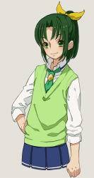 Rule 34 | 10s, 1girl, bad id, bad pixiv id, eyelashes, green eyes, green hair, green necktie, green sweater vest, grey background, hand on own hip, hip focus, kurage, matching hair/eyes, midorikawa nao, necktie, no legs, ponytail, precure, school uniform, short hair, skirt, sleeves rolled up, smile, smile precure!, solo, sweater vest, vest