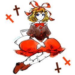 Rule 34 | 1girl, black skirt, blonde hair, blue eyes, bow, bowtie, collar, colored skin, ferricblue, frilled collar, frills, full body, looking at viewer, medicine melancholy, puffy short sleeves, puffy sleeves, red bow, red skirt, short hair, short sleeves, simple background, sitting, skirt, socks, solo, touhou, white background, white collar, white skin, yokozuwari