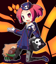 Rule 34 | 1girl, bag, duel monster, fang, garoudo (kadouhan&#039;i), gloves, handbag, hat, open mouth, pantyhose, print pantyhose, red eyes, red hair, sangan, skirt, skull, skull and crossbones, smile, tour guide from the underworld, twintails, uniform, yu-gi-oh!, yu-gi-oh! duel monsters