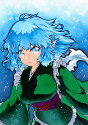 Rule 34 | 1girl, bad id, bad pixiv id, belt, blue background, blue eyes, blue hair, bow, breasts, fins, green kimono, green sleeves, head fins, japanese clothes, kimono, long sleeves, looking at viewer, medium breasts, mermaid, monster girl, no headwear, open mouth, purple belt, qqqrinkappp, red bow, short hair, solo, touhou, traditional media, underwater, wakasagihime, water