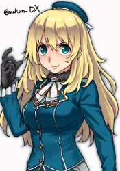 Rule 34 | 1girl, atago (kancolle), beret, black gloves, blonde hair, blue eyes, blue hat, blue jacket, breasts, closed mouth, commentary request, cowboy shot, gloves, hat, highres, jacket, kantai collection, large breasts, light smile, long hair, long sleeves, looking at viewer, maakun (makun dx), medium breasts, military, military uniform, one-hour drawing challenge, ribbon, simple background, solo, twitter username, uniform, upper body, white background, white ribbon