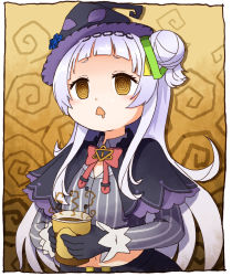 Rule 34 | 1girl, @ @, black capelet, black gloves, black headwear, black skirt, blunt bangs, bow, bowtie, capelet, cropped shirt, cup, disposable cup, drooling, eyelashes, gloves, grey shirt, hair bun, hair ornament, hairband, hat, hexagram hair ornament, highres, holding, holding cup, hololive, layered capelet, long hair, long sleeves, looking at viewer, lowleg, lowleg skirt, midriff, mouth drool, murasaki shion, murasaki shion (1st costume), navel, open mouth, pinstripe pattern, pinstripe shirt, purple capelet, red bow, red bowtie, shirt, short eyebrows, side bun, sidelocks, silver hair, single side bun, skirt, solo, striped, tilted headwear, tonton (tonz159), triangle mouth, upper body, virtual youtuber, witch hat, yellow eyes