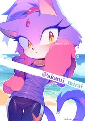 Rule 34 | 1girl, beach, blaze the cat, blue sky, blush, cloud, dripping, drying, eyelashes, forehead jewel, furry, furry female, gold necklace, iiimirai, jewelry, looking at viewer, necklace, ocean, open mouth, purple fur, sky, sonic (series), starfish, towel, wet, yellow eyes