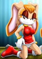 Rule 34 | 1girl, amy rose, amy rose (cosplay), bbmbbf, boots, breasts, brown eyes, brown hair, cosplay, curvy, dress, gloves, hand on own hip, highres, kneeling, looking at viewer, medium breasts, mobian (species), palcomix, rabbit ears, rabbit girl, red dress, sleeveless, sleeveless dress, sonic (series), vanilla the rabbit
