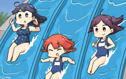 Rule 34 | 3girls, ahoge, black hair, blue one-piece swimsuit, bob cut, braid, brown eyes, casual one-piece swimsuit, commentary request, dated, etorofu (kancolle), closed eyes, hagikaze (kancolle), hamu koutarou, highres, kantai collection, long hair, multiple girls, name tag, one-hour drawing challenge, one-piece swimsuit, one side up, open mouth, polka dot, polka dot swimsuit, purple hair, red hair, red scrunchie, school swimsuit, scrunchie, side braid, sliding, smile, swimsuit, thick eyebrows, twin braids, ushio (kancolle), water slide, wrist scrunchie