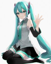 Rule 34 | 1girl, blue eyes, blue hair, blush, boots, breasts, collared shirt, detached sleeves, full body, hair ornament, hand up, hatsune miku, headphones, long hair, long sleeves, looking at viewer, necktie, pleated skirt, shirt, sitting, skirt, sleeveless, sleeveless shirt, small breasts, smile, solo, suiren nei, thigh boots, twintails, very long hair, vocaloid, wariza, waving, white background