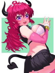 Rule 34 | 1girl, bare shoulders, black horns, black tail, blush, breasts, commentary request, cowboy shot, demon tail, dot nose, elbow gloves, gloves, green background, highres, horns, large breasts, long hair, looking at viewer, onsoku inu, open mouth, original, pink gloves, purple eyes, red hair, simple background, solo, steepled fingers, tail, tareme, white background