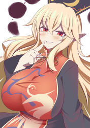 Rule 34 | 1girl, belt, black dress, black hat, blonde hair, blush, bow, bowtie, breasts, chinese clothes, closed mouth, crescent, dress, gero zoukin, hair between eyes, hand up, hat, highres, junko (touhou), large breasts, long hair, long sleeves, phoenix crown, pointy ears, pom pom (clothes), purple belt, red eyes, red vest, simple background, smile, solo, tabard, teeth, touhou, vest, white background, wide sleeves, yellow bow, yellow bowtie
