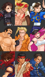 Rule 34 | 1990s (style), 3girls, 6+boys, ;), abs, alex (street fighter), armband, artist request, asymmetrical bangs, belt, biker clothes, blonde hair, blue eyes, bomber jacket, breasts, brown eyes, brown hair, capcom, capcom fighting allstars, capcom fighting jam, charlie nash, china dress, chinese clothes, choker, chun-li, concept art, covered mouth, dog tags, dougi, dress, eyebrows, facial hair, final fight, gakuran, glasses, hair slicked back, hat, headband, highres, ichimonji batsu, jacket, justice gakuen, kazama akira, kita senri, leather, leather jacket, lipstick, long hair, makeup, martial arts belt, medium breasts, mike haggar, multiple boys, multiple girls, muscular, mustache, ninja, official art, one eye closed, open clothes, open vest, peaked cap, pink hair, poison (final fight), portrait, puffy short sleeves, puffy sleeves, retro artstyle, ryu (street fighter), scar, scarf, school uniform, short hair, short sleeves, single strap, small breasts, smile, spikes, street fighter, street fighter iii (series), street fighter zero (series), strider (video game), strider hiryuu, thick eyebrows, topless male, vest, watermark