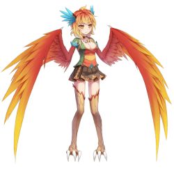 Rule 34 | 1girl, artist request, bima (monster musume), bird legs, blue feathers, breasts, brown skirt, choker, cleavage, feather hair, feathers, full body, gradient hair, gradient wings, harpy, jewelry, medium breasts, monster girl, monster musume no iru nichijou, monster musume no iru nichijou online, multicolored hair, multicolored wings, necklace, official art, orange feathers, orange hair, pleated skirt, red feathers, red hair, short hair, simple background, skirt, solo, talons, transparent background, winged arms, wings, yellow eyes