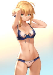 Rule 34 | 1girl, ahoge, alternate costume, aqua eyes, armpits, arms behind head, arms up, artoria pendragon (all), artoria pendragon (fate), bare shoulders, blonde hair, blue bra, blue ribbon, bow, bra, braid, breasts, collarbone, commentary request, cowboy shot, crown braid, fate/stay night, fate (series), gradient background, green eyes, hair between eyes, hair bun, hair ribbon, heterochromia, highres, lace, lace-trimmed bra, lace-trimmed panties, lace trim, lingerie, looking at viewer, mashuu (neko no oyashiro), medium breasts, navel, open mouth, panties, parted lips, ribbon, ribbon-trimmed bra, saber (fate), sidelocks, signature, single hair bun, solo, stomach, thighs, twitter username, underwear, underwear only