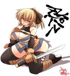 Rule 34 | 1girl, adapted costume, ankle wrap, annoyed, blonde hair, blush, breasts, cleavage, curvy, elbow gloves, gloves, green eyes, highres, hinomoto102521, kneeling, large breasts, looking at viewer, mizuhashi parsee, ninja, open mouth, pointy ears, ponytail, scabbard, sheath, shuriken, solo, sword, tabi, thick thighs, thighhighs, thighs, touhou, ueda katsuhito, wakizashi, weapon, wide hips