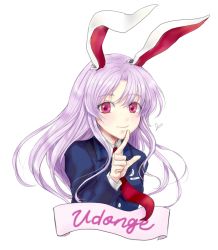 Rule 34 | 1girl, animal ears, bad id, bad pixiv id, blazer, blue jacket, blush, character name, commentary request, crescent, crescent pin, hand up, heart, index finger raised, jacket, long hair, looking at viewer, necktie, purple hair, rabbit ears, red eyes, red necktie, reisen udongein inaba, shizuki uru, simple background, smile, solo, touhou, upper body, white background