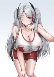 Rule 34 | 1girl, absurdres, azur lane, bare arms, bare shoulders, black choker, blush, breasts, choker, cleavage, closed mouth, gradient background, grey hair, hand up, highres, large breasts, leaning forward, long hair, multicolored hair, navel, official alternate costume, one eye closed, prinz eugen (azur lane), prinz eugen (brilliant touchdown) (azur lane), red eyes, red hair, red shorts, short shorts, shorts, simple background, sleeveless, smile, solo, streaked hair, thighs, ueyama 0clock