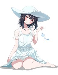 Rule 34 | 1girl, absurdres, barefoot, black hair, blush, breasts, closed mouth, dress, eitopondo, frilled dress, frills, full body, hat, head tilt, highres, holding wind chime, idolmaster, idolmaster shiny colors, long hair, morino rinze, orange eyes, see-through, see-through sleeves, short sleeves, simple background, sitting, small breasts, smile, solo, summer dress, sun hat, white background, white dress, white hat, wind chime