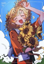 1boy arm_up blonde_hair blue_sky blush closed_eyes cloud dated ensemble_stars! falling_petals flower harukawa_sora hat holding holding_flower open_mouth orange_shirt petals shirt short_hair short_sleeves sky smile solo straw_hat sunflower taki_(takiki_0w0) teeth upper_teeth_only vest white_vest yellow_petals