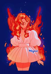 Rule 34 | 1girl, artist name, blue background, closed eyes, cowboy shot, cropped legs, dress, fiery hair, fiery wings, fire, gradient background, meyoco, original, pointy ears, puffy short sleeves, puffy sleeves, short sleeves, smile, solo, white dress, wings