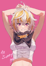 1girl armpits arms_up bare_arms bare_shoulders belt_collar blonde_hair breasts clenched_teeth collar commentary commission constricted_pupils corset cowlick crop_top cross-laced_clothes crossed_bangs hair_between_eyes highres ibaraki_shun looking_at_viewer medium_breasts medium_hair multicolored_hair open_mouth original pink_background pink_eyes shadow signature simple_background skeb_commission solo teeth two-tone_hair upper_body virtual_youtuber white_hair