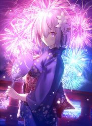 Rule 34 | 1girl, backlighting, blush, breasts, bridge, closed mouth, commentary request, cowboy shot, fate/grand order, fate (series), fireworks, floral print, flower, from side, hair flower, hair ornament, hair over one eye, hand fan, japanese clothes, kimono, light purple hair, looking at viewer, looking to the side, mash kyrielight, mash kyrielight (grand new year), mashima saki (mashimasa), night, obi, official alternate costume, official style, paper fan, purple eyes, revision, sash, short hair, smile, solo, uchiwa, wide sleeves, yukata