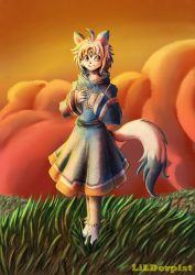 Rule 34 | 1girl, animal ears, barefoot, blue eyes, borrowed character, feet, furry, furry female, grass, lilderpist, nature, outdoors, rule koforia, short hair, simple background, smile, solo, tail, toes