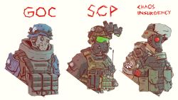 Rule 34 | 3boys, ammunition pouch, bulletproof vest, english text, flare, gas mask, gun, handgun, hat legs, helmet, highres, mask, military, military uniform, multiple boys, night vision device, patch, pouch, radio, scp foundation, sleeves rolled up, uniform, weapon