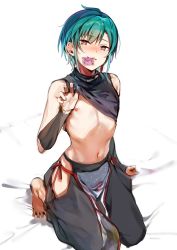 Rule 34 | 1boy, 1other, ahoge, androgynous, blush, clothes lift, condom, condom in mouth, condom wrapper, earrings, green hair, highres, jewelry, kneeling, konbu wakame, lifted by self, mouth hold, nijisanji, nipples, purple eyes, ryuushen, shirt lift, short hair, solo, virtual youtuber