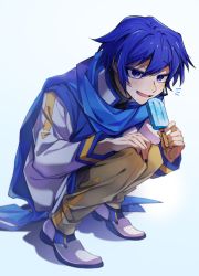Rule 34 | 1boy, blue eyes, blue hair, coat, food, highres, holding, holding food, ice cream, idonaka, kaito (vocaloid), long sleeves, male focus, scarf, smile, solo, squatting, vocaloid, white background