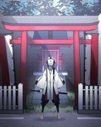 Rule 34 | 1other, absurdres, ahoge, androgynous, architecture, banner, black hair, bracelet, braid, braided ponytail, clenched hands, east asian architecture, facing viewer, fate/samurai remnant, fate (series), fence, fox mask, full body, grass, highres, japanese clothes, jewelry, long sleeves, mask, masked, necklace, ninjin (ne f g o), nobori, sandals, shadow, shrine, sidelocks, single braid, standing, sword, torii, weapon, weapon on back, white fence, wide sleeves, wooden fence, yamato takeru (fate)