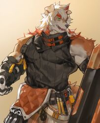 Rule 34 | arknights, bara, black shirt, chinese commentary, furry, furry male, gloves, highres, holding, holding shield, horns, hung (arknights), looking to the side, male focus, multicolored hair, mythological creature, open mouth, run (arun six), shield, shirt, single horn, sleeveless, sleeveless shirt, sleeveless turtleneck, solo, turtleneck