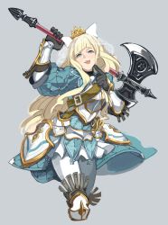 Rule 34 | 1girl, absurdres, axe, black gloves, blonde hair, blue eyes, bow, charlotte (fire emblem), commission, crown, fire emblem, fire emblem cipher, fire emblem fates, gloves, grey background, hair bow, highres, holding, holding axe, kohiu, long hair, long sleeves, nintendo, simple background, solo, tongue, tongue out, white bow, white legwear
