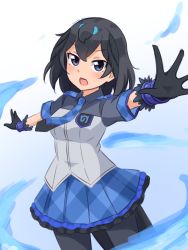 Rule 34 | 1girl, absurdres, adapted costume, alternate costume, black eyes, black gloves, black hair, black pantyhose, blue necktie, blue skirt, commentary, cowboy shot, frilled skirt, frills, gloves, hair between eyes, highres, japari symbol, kemono friends, medium hair, necktie, open mouth, outstretched arms, pantyhose, pleated skirt, shiraha maru, short sleeves, simple background, skirt, solo, spread arms, superb bird-of-paradise (kemono friends), tail, wing collar